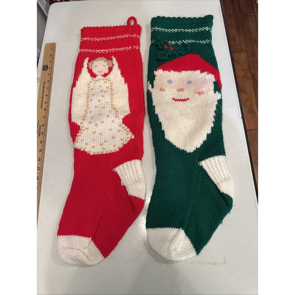Hand Knit CHRISTMAS‎ Stockings SANTA 3-D Holly and ANGEL 3-D Wings XL 27" Long